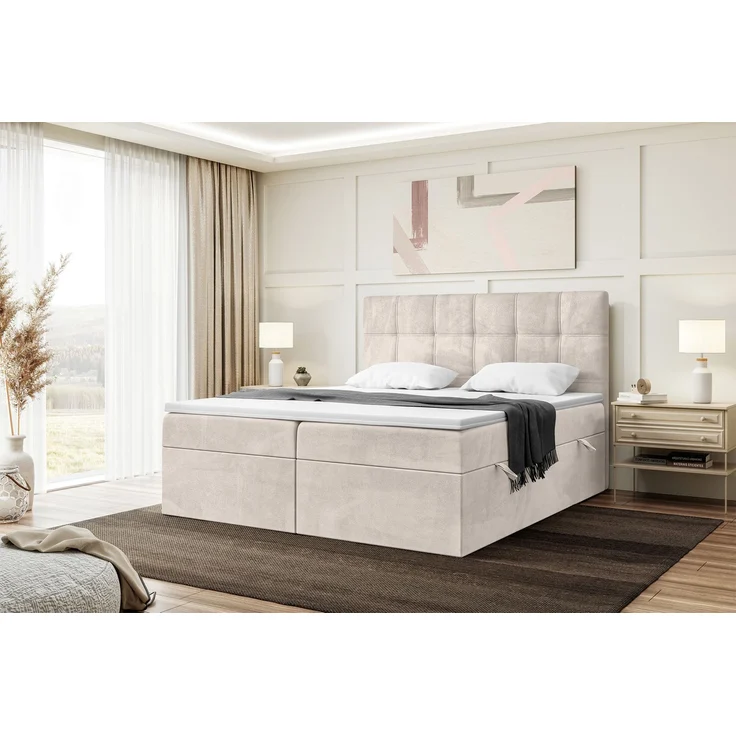 MEBLINI Boxspringbett KAI 200x200cm - H3/Beige Samt - mit Bettkasten - Gepolstert Doppelbett mit Matratze und Topper - Polsterbett mit Stauraum - Bett mit Kopfteil – Bild 1