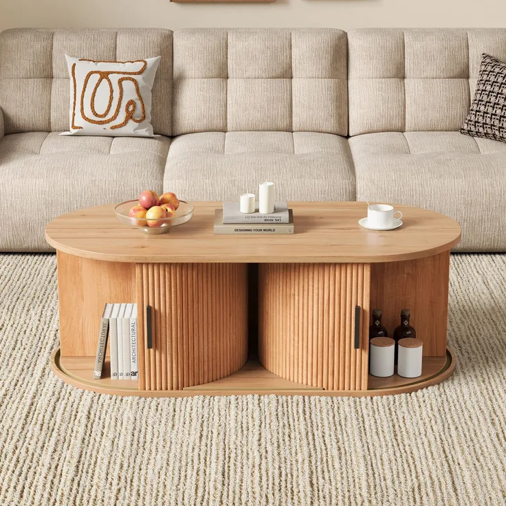 Couchtisch 100 x 50 x 33 cm, mit ovaler Tischplatte, mit verdeckt liegendem Stauraum, aus MDF und Spanplatte, Naturfarben