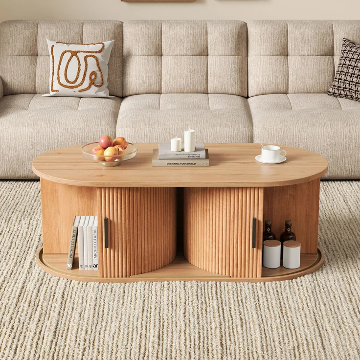 Couchtisch 100 x 50 x 33 cm, mit ovaler Tischplatte, mit verdeckt liegendem Stauraum, aus MDF und Spanplatte, Naturfarben – Bild 1