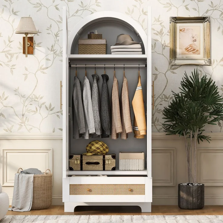 Rayofly-Kleiderschrank 70 x 55 x 170 cm, Doppeltüren-Design, Schubladen und Ablagefächer, Türen aus Kunstrattan, Weiß, H 170cm x T 70cm x B 55cm – Bild 2
