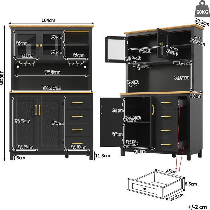 Buffetschrank aus MDF mit LED-Lichtleiste, 105,5x40x180 cm, Schwarz – Bild 6