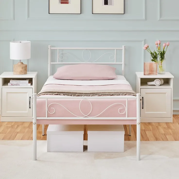 Yaheetech Bettrahmen Metallbett Bettgestell aus Metall, Einzelbett für 90x190 cm Matratze, Gästebett für kleine Räume, Weiß