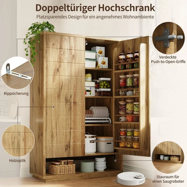 i@home Hochschrank Doppeltüriger Hochschrank 100×40×162,5 cm, Küchenschrank, Natur mit 8 Staufächern und Ablageebenen, Push-to-Open Türen, Kippsicherung – Bild 3
