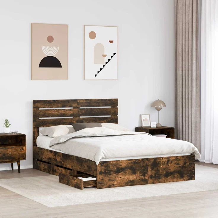 vidaXL Bettrahmen Geräucherte Eiche 140 x 200 cm Ingenieurs Holz 3411507 – Bild 2