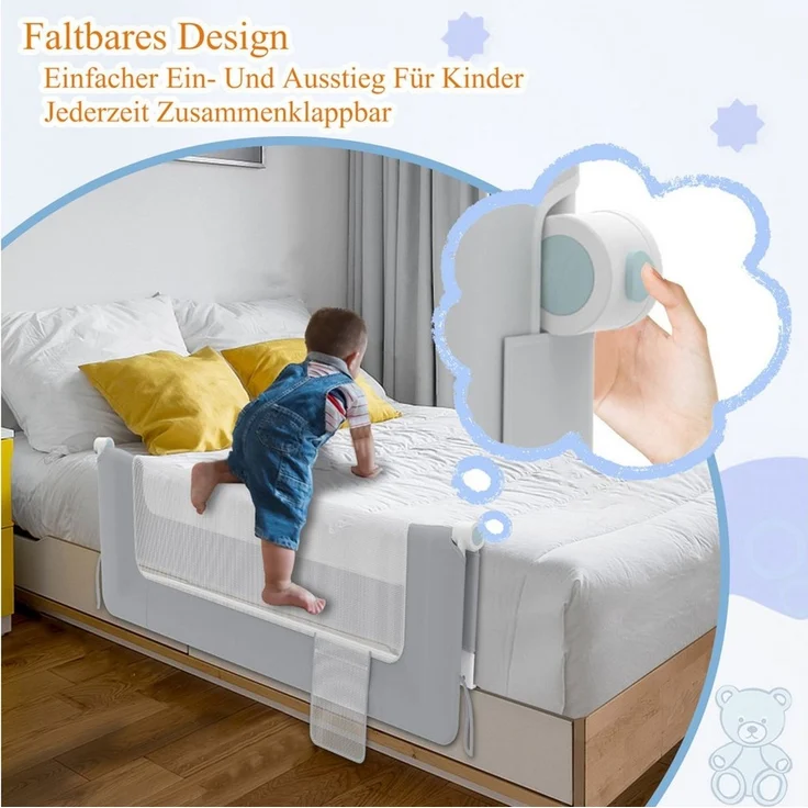 FIVMEN Bettschutzgitter Rausfallschutz Bettgitter Zusammenklappbar Bettschutzgitter, 180 Grad Babybett Höhenverstellbar Schutzgitter Bett – Bild 4