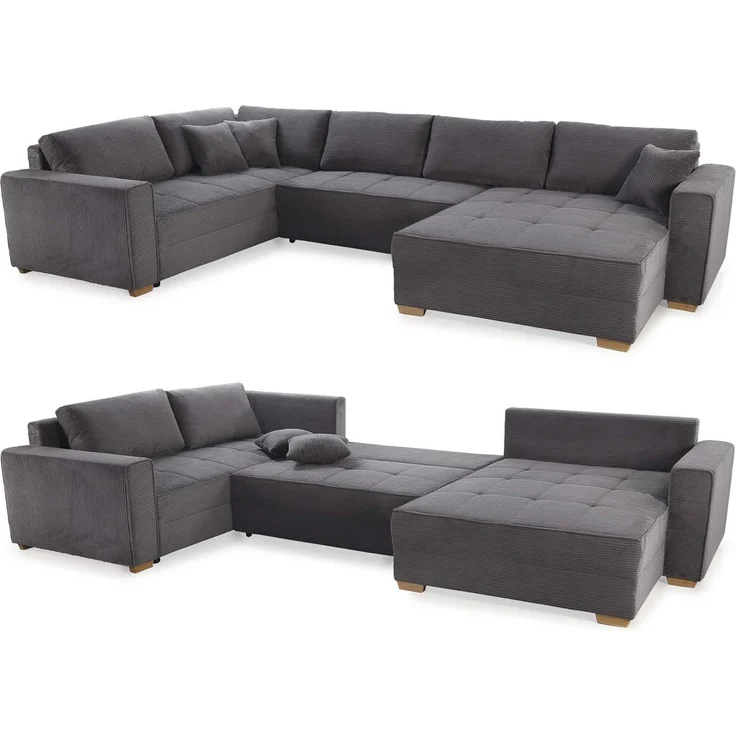 Wohnlandschaft U-Form Sofa Schlaffunktion Couch Bettkasten Cord Dunkelgrau – Bild 9