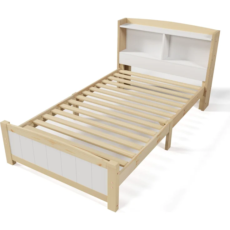 Bett 90x200 cm mit Stauraum-Kopfteil aus Massivholz, weiß – platzsparendes Einzelbett mit Lattenrost – Bild 10