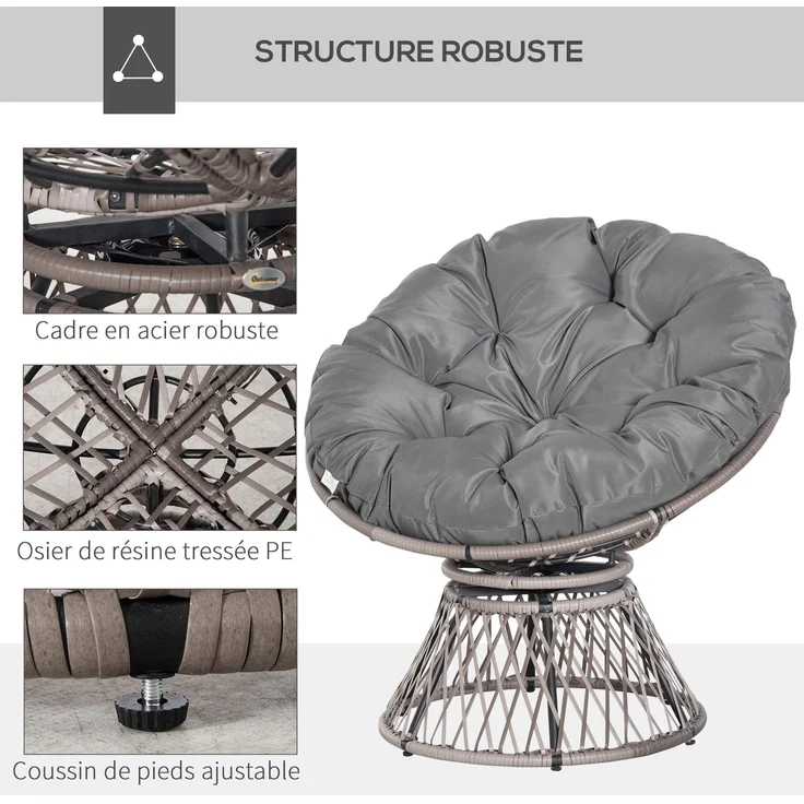 Runder Garten-Sessel, drehbarer Papasan-Sessel, Ø 97 x 86H cm, großes Kissen im Lieferumfang enthalten, Polyester-Geflecht – Bild 8
