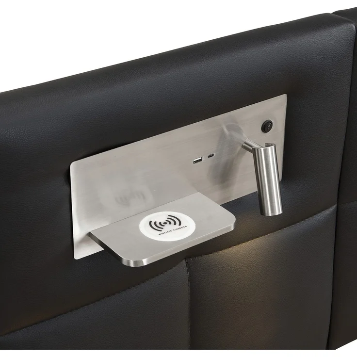 Polsterbett mit LED-Beleuchtung, Wireless Charger und Stauraum, extra breites Kopfteil mit Spots, Type-C und USB Anschlüssen, 180x200 cm, gepolsterter Kopfteil, Doppelbett, Stauraumbett, Kunstleder – Bild 10