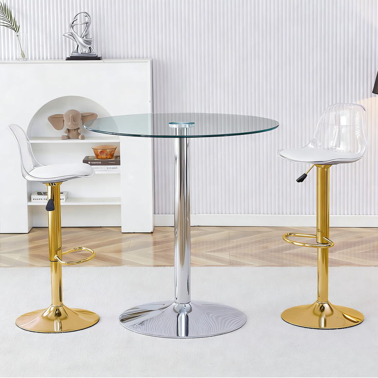 Bartisch-Set mit Glasplatte & 2 drehbaren Barhockern, Ø 89x92 cm, transparent/goldfarben – Bild 3