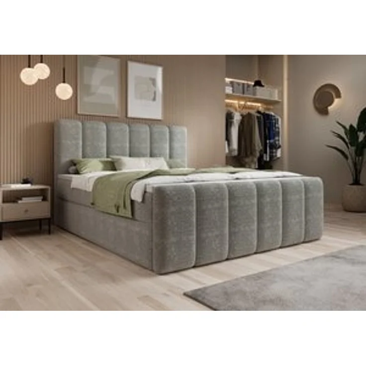 thematys Boxbett mit Bettkasten 160x200cm, mit Bonnellfederkernmatratze H3, Bouclé/Velours, mit Stauraum, mit 3 cm Topper, Hellgrau (Fredo 30) – Bild 7