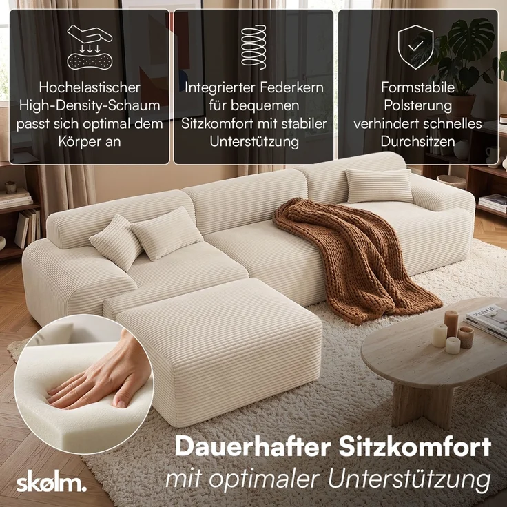 skølm 'Menja' Sofa 3-tlg mit Hocker, 3er Sitz mit 3 Kissen, Cord beige, Vollschaumcouch mit Federkern und Vakuum-Kompression, kein Aufbau erforderlich – Bild 2