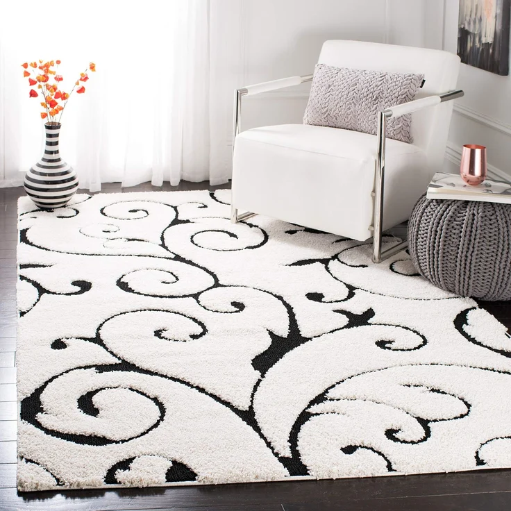 SAFAVIEH Zottelig Teppich für Wohnzimmer, Esszimmer, Schlafzimmer - Florida Shag Collection, Hoher Flor, Elfenbein und Schwarz, 122 X 183 cm