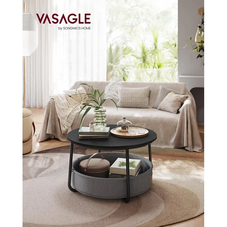 Vasagle Couchtisch, Beistelltisch, Wohnzimmertisch mit Korb aus Stoff, modern,Tintenschwarz-Schiefergrau – Bild 2