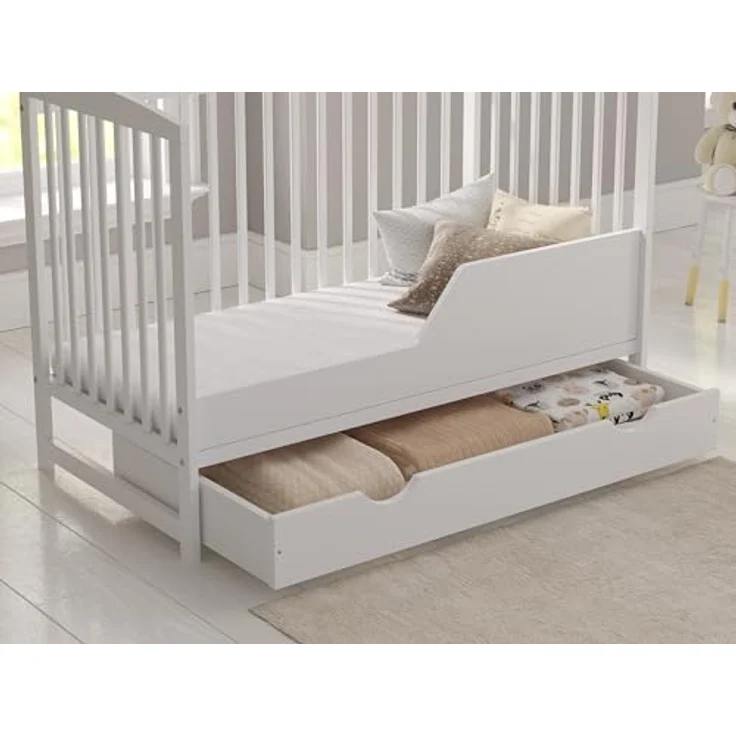 Weiß Babybett Gitterbett mit Schublade 120x60 + Schaumstoffmatratze + Sicherheitsgitter aus Holz + Schutzhülle – Bild 6