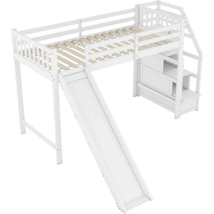 EXTSUD Hochbett 90x200 cm – Kinderbett mit Rutsche, Ablageleiter, weiß – Bild 3