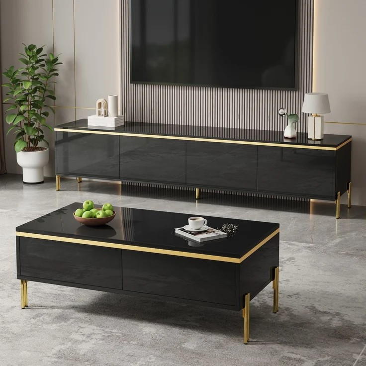 Modernes Luxus-TV-Schrank- und Couchtisch-Set , Hochglänzende Oberfläche in Unifarbe , Goldene Kanten , Großzügiger Stauraum--Schwarz--111x59.21x13.49cm--YOUDENOVA – Bild 6