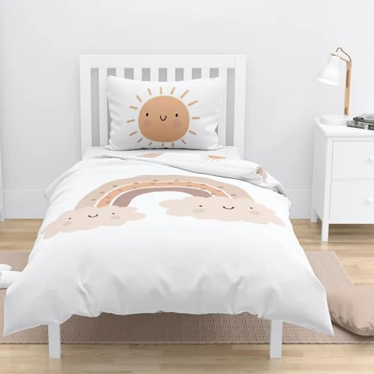 MTOnlinehandel Babybettwäsche Little Sunrise Biber/ Flanell in 100x135 + 40x60 cm, Boho, 100% Baumwolle, 2 teilig, Winterbettwäsche kuschelig und weich, Regenbögen und Sonne, weiß – Bild 6