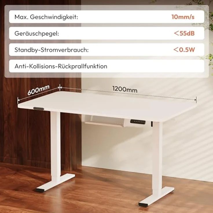 SANODESK Höhenverstellbarer Schreibtisch mit Komplett Tischplatte, Elektrischer Ergonomischer Schreibtisch, Steh-Sitz Bürotisch für Homeoffice, 120x60 cm, Weiß – Bild 10