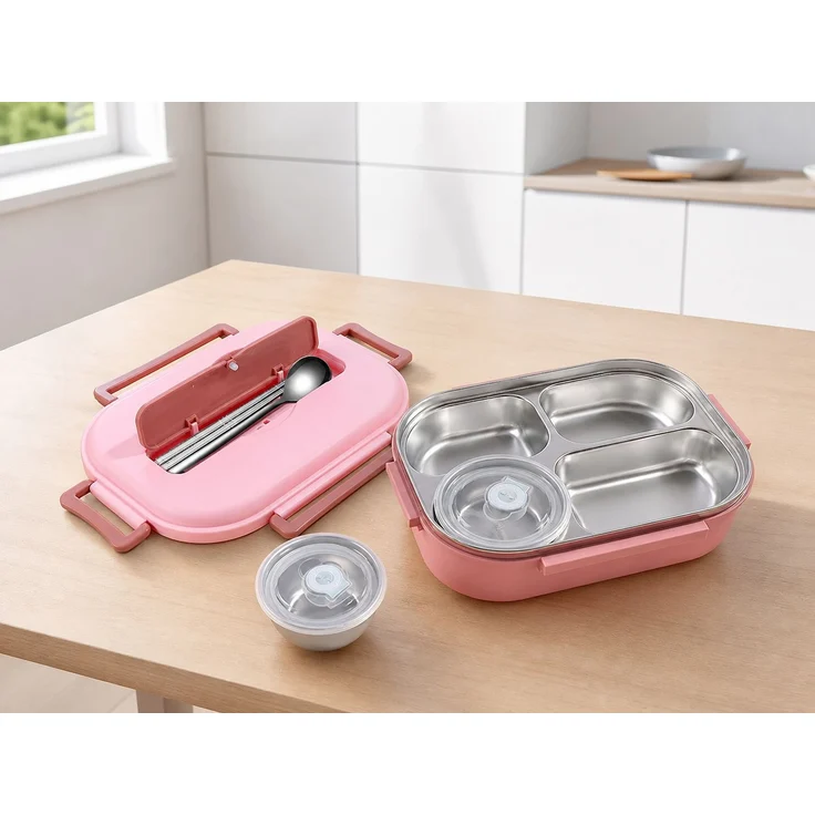 Lunchbox aus Edelstahl, 4 Fächer, 1500 ml, mit Besteck und Suppenschale, Rosa, 29 x 22 x 9 cm – Bild 2