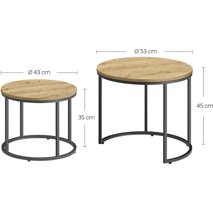 Home Collective Couchtisch 2er Set Beistelltisch Loft Design 2in1 Verschachtelung Wohnzimmer, kratzfeste Oberfläche 53cm und 43cm Artisan mit schwarzen Beinen, rund – Bild 3