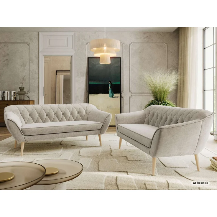 Wohnzimmerset Möbelset PIRS 3-3, Armlehnen, Wellenfederung, Buche Füße, Dreisitzer Sofa, Polstermöbel Set - Beige Stukture – Bild 4