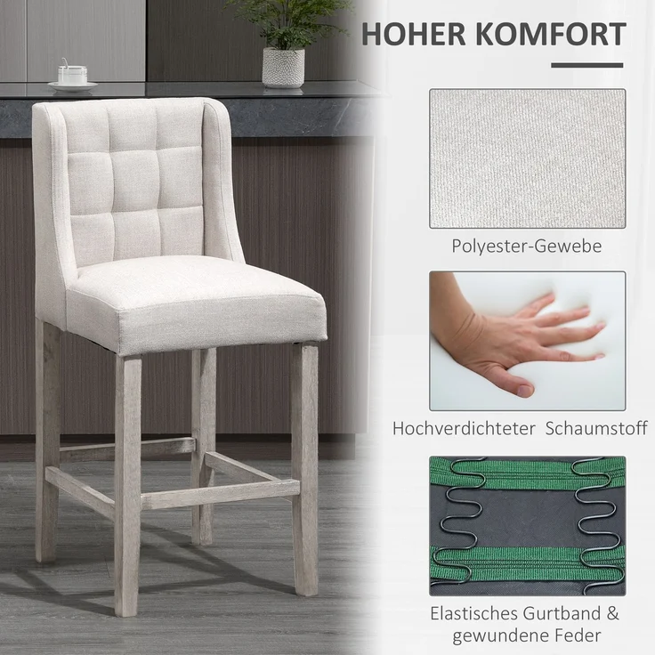 2er-Set Barhocker mit Knopfheftung, Massivholz, inkl. Fußstütze, 47 cm x 50 cm x 101 cm, Grau + Natur--Beige--101x50x47cm--YOUDENOVA – Bild 8