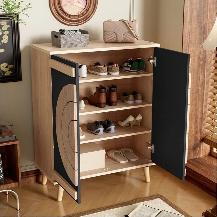 Merax Schuhschrank mit runden Geometrie-Türen (1-St) Schuhregal Kommode mit Stauraum und Holzbeine, 76×37×98,5 cm