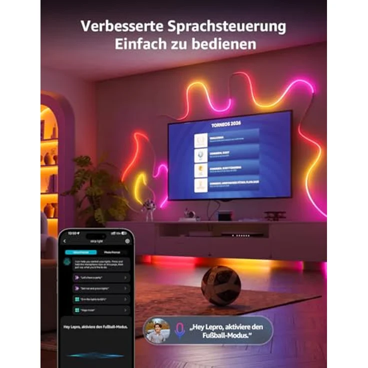 Lepro Neon LED Strip 3m, Neon LED Streifen mit App Steuerung, Musik Sync & Sprachsteuerung, funktioniert mit Alexa & Google Assistant, Flexibles RGB Lichtband für Wohnzimmer, Gaming, Party&Wanddeko – Bild 4