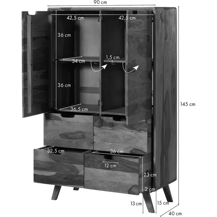 Highboard Sheesham 90x40x145 natur sandgestrahlt lackiert MALMÖ 2 #210 – Bild 6