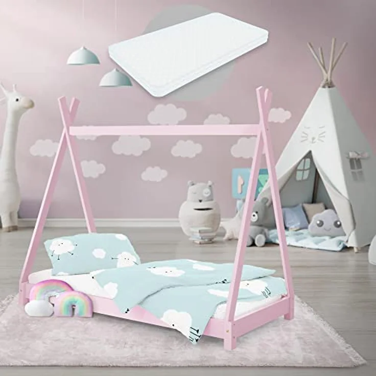 ML-DESIGN Spielbett Hausbett Tipi Zeltbett inkl. Lattenrost Bodenbett Kinder Himmelbett, Abenteuerbett zum Spielen Zelt Kinderbett Kiefer Bettenhaus Bett Rosa – Bild 2