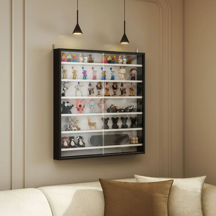 Wandvitrine für Sammlerstücke, 6 höhenverstellbare Böden, 2 Glasschiebetüren, 80 x 9,5 x 83 cm,Cecodadi – Bild 4
