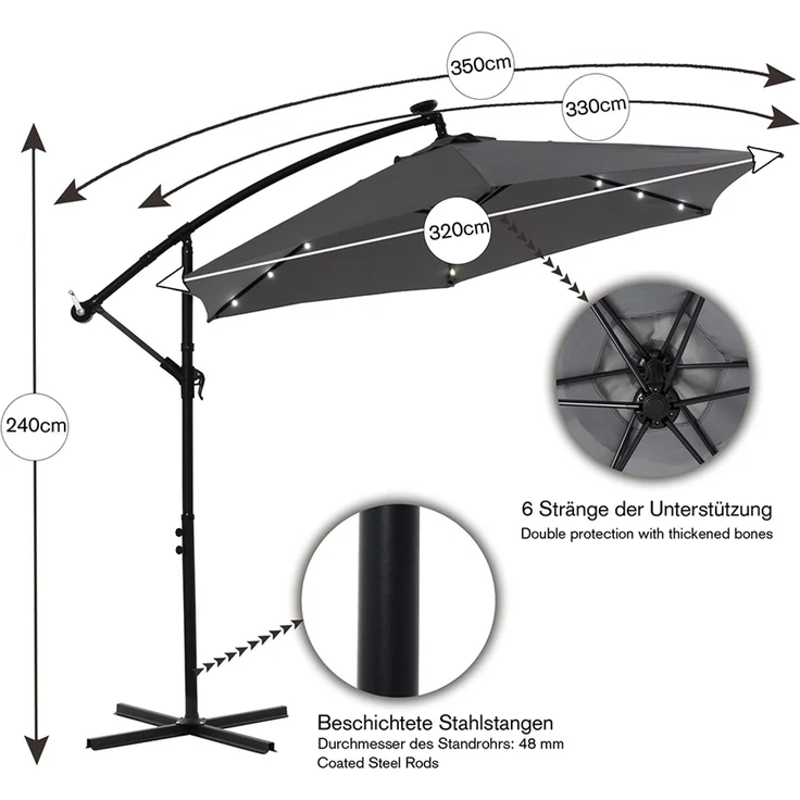 Ampelschirm ⌀3,5M Grau mit LED Sonnenschutz Kurbel Solar Schattenspender Garten – Bild 5