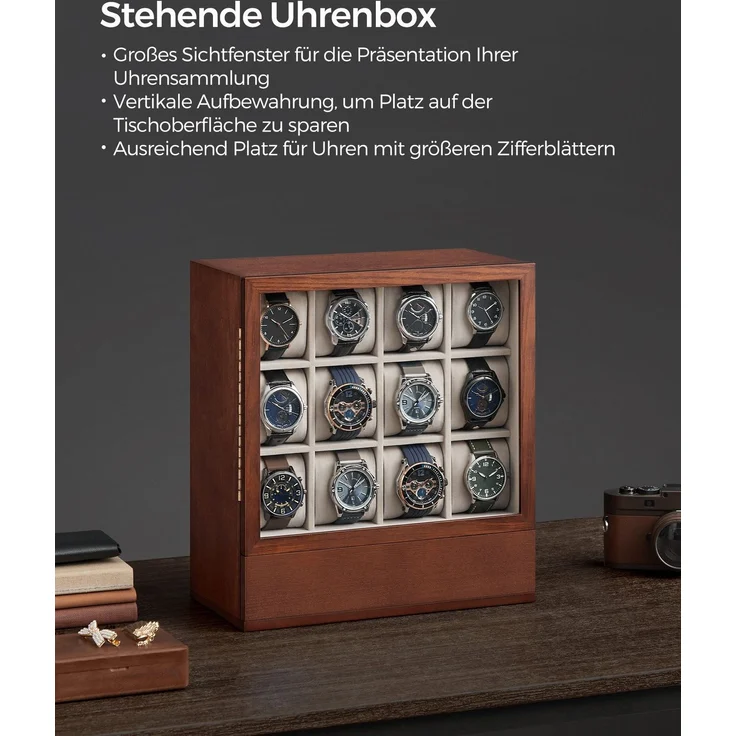 SONGMICS Uhrenbox 12 Fächer, Uhrenkasten mit Fenster, Uhren-Präsentation, Massivholzfurnier, Samtfutter, vertikale Aufbewahrung, platzsparend, Geschenkidee, kaffeebraun JOWDE014K01 – Bild 2