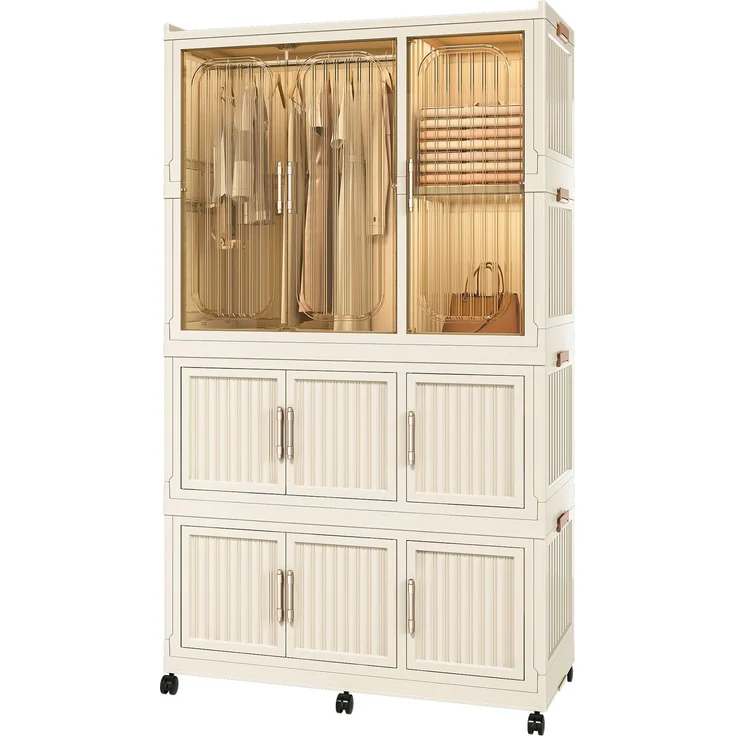 Faltbarer Kleiderschrank aus Polypropylen in Cremeweiß mit 9 Magnettüren und Rollen,H 158 x T 92 x B 45 cm – Bild 7