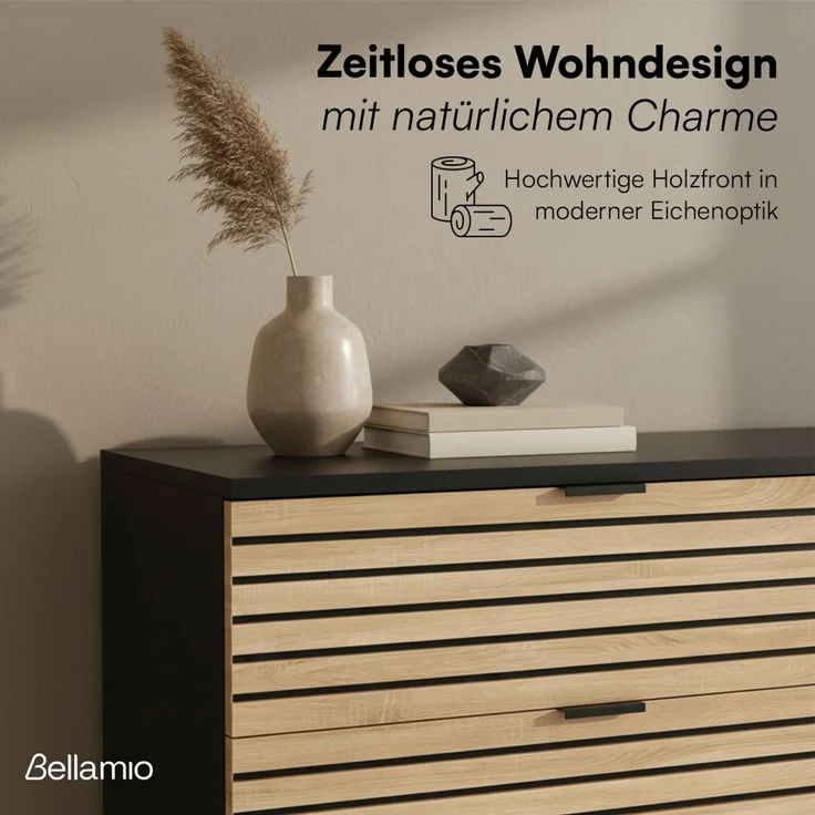 Bellamio 'Luvua' Kommode, schwarz/Eichenoptik, mit Metallfüßen, 80x40x80 cm, Schrank mit 3 Schubladen – Bild 5