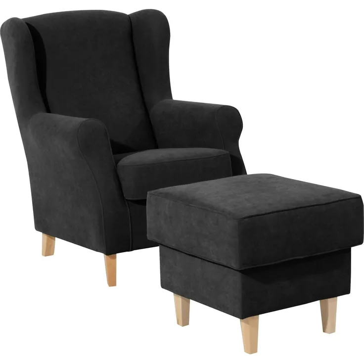 Ohrensessel Karlen Bezug Veloursstoff Buche natur / schwarz 22053