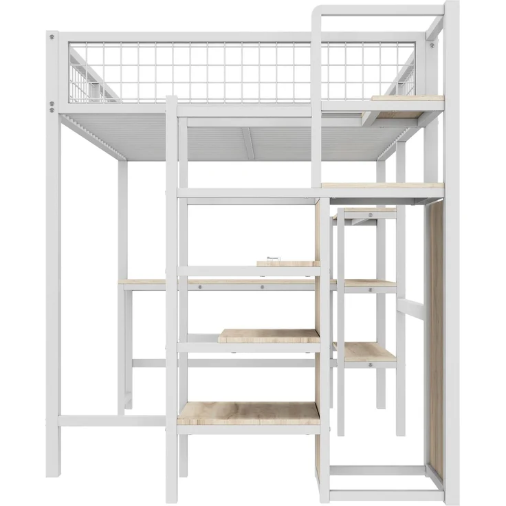 Hochbett, 140*200 cm, Eisenbett, Ablageleiter, mehrere Regale, Ohne Matratze, Einbauschrank, Schreibtisch, Weiß – Bild 10