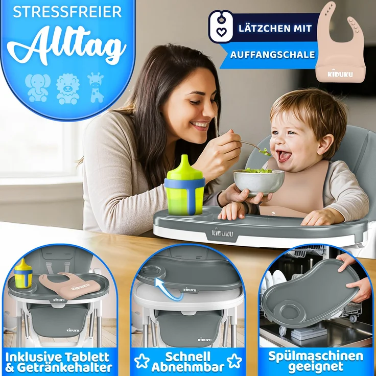 KIDUKU® Hochstuhl Baby 3in1 mit Neugeborenenaufsatz + Lätzchen, Spielbogen & Tisch | Kinderhochstuhl klappbar mit Liegefunktion | Kombihochstuhl höhenverstellbar | Babystuhl mitwachsend 0-36 Monate – Bild 9