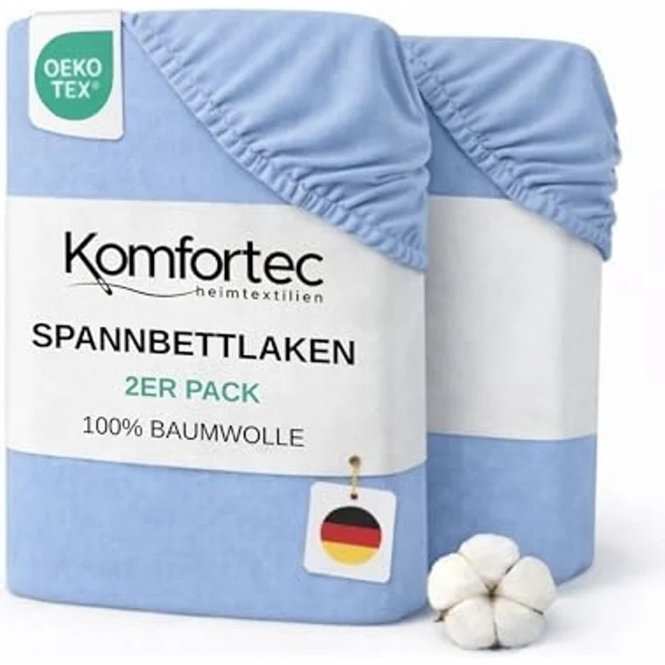 Komfortec 2er Pack Jersey Spannbettlaken 90x200 cm, 100% Baumwolle, Doppelpack Spannbettuch, Hellblau – Bild 1