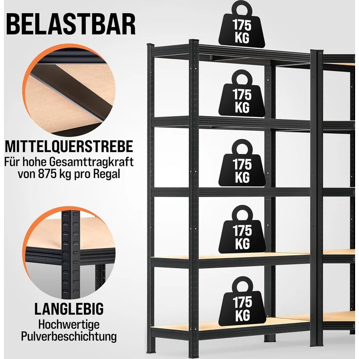 Monzana® 3er Set Schwerlastregal Eckregal 2625 kg 15 MDF-Platten Regal Lagerregal Kellerregal Steckregal Werkstattregal Regalsystem Schwarz – Bild 4