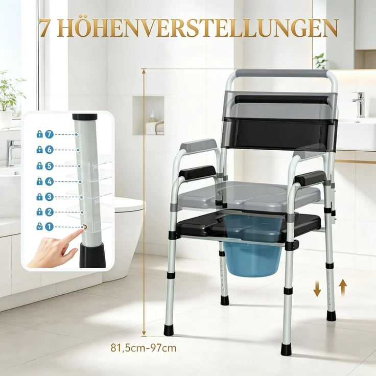 Klappbarer Toilettenstuhl mit Armlehnen und Rückenlehne,Tragbarer Sanitärstuhl,Klappbarer Toilettenstuhl,Höhenverstellbarer Toilettenstuhl als Duschhilfe(nur mit 1pcs Toilettenstuhl)--Schwarz--52.5x46x97cm--YOUDENOVA – Bild 6
