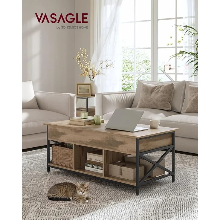 Vasagle Couchtisch, höhenverstellbarer Wohnzimmertisch, Kaffeetisch, mit Schubladen, offenes Fach,50x100 x (48-63)cm， kamelbraun-schwarz – Bild 1