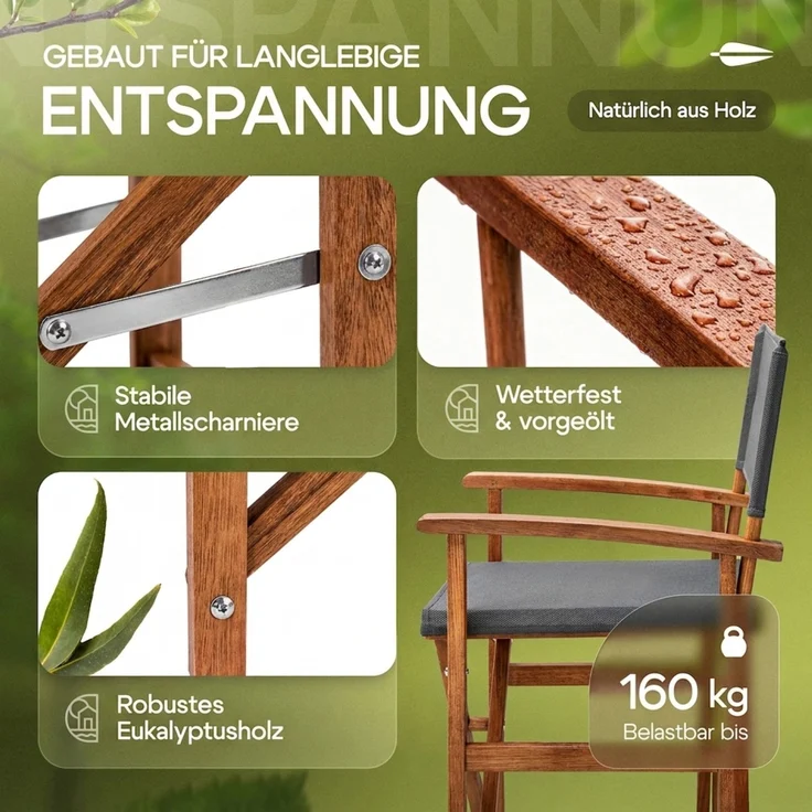 CASARIA® Regiestuhl aus FSC® Eukalyptusholz Anthrazit – Bild 3