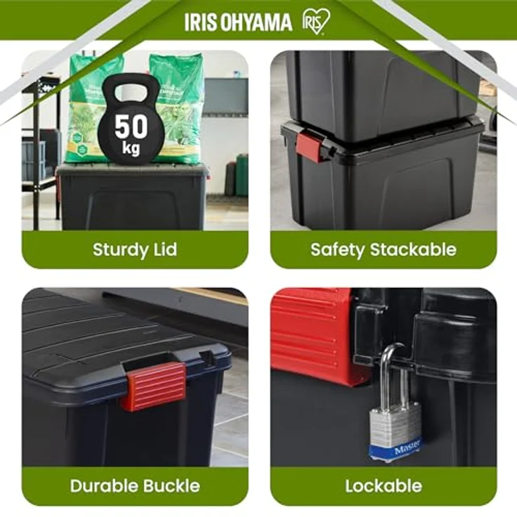 Iris Ohyama, Große Kunststoff-Aufbewahrungsbox, 60L, Garagen-box, Schwarz, Stapelbar, Robuste Schnappverschlüsse mit Griffen, SIA-60 – Bild 5