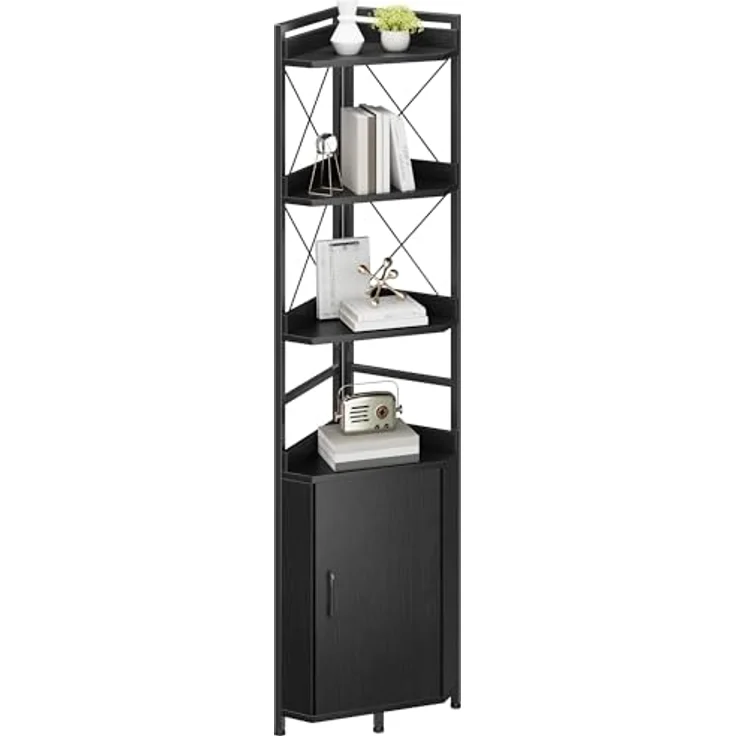 YITAHOME Eckregal mit 4 Ebenen, industrielles Bücherregal mit Schrank, freistehendes Bücherregale aus Holz, Lagerregale für Wohnzimmer, Heimbüro, Flur, Schwarze Standregal – Bild 8