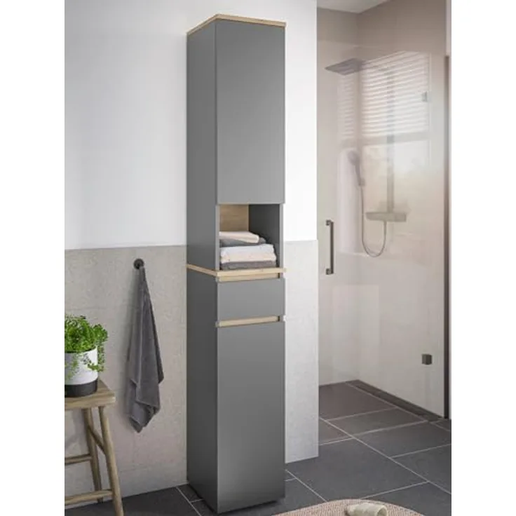 moebel-dich-auf Hochschrank LONDRES (Hochschrank mit Türen, Schublade und offenem Fach, B/H/T: 30/190/30 cm) in kaschmir oder anthrazit, Absetzung: Cremona Eiche