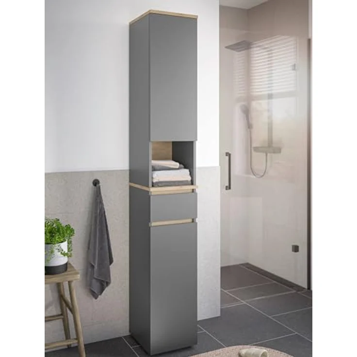 moebel-dich-auf Hochschrank LONDRES (Hochschrank mit Türen, Schublade und offenem Fach, B/H/T: 30/190/30 cm) in kaschmir oder anthrazit, Absetzung: Cremona Eiche – Bild 1