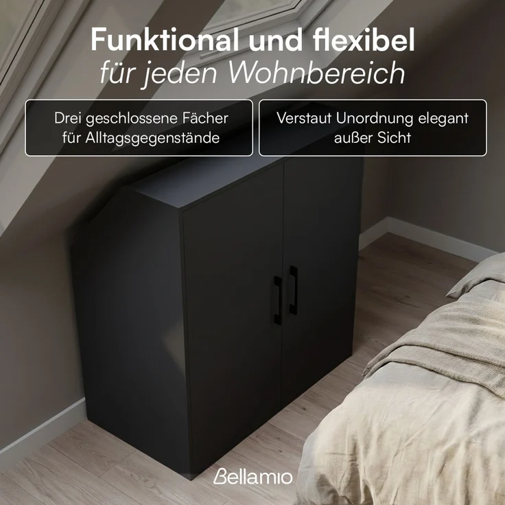Bellamio 'Aland' Dachschrägenregal mit Türen, schwarz, 100x52x90 cm, Schrank für Dachschräge mit 3 Fächern – Bild 3