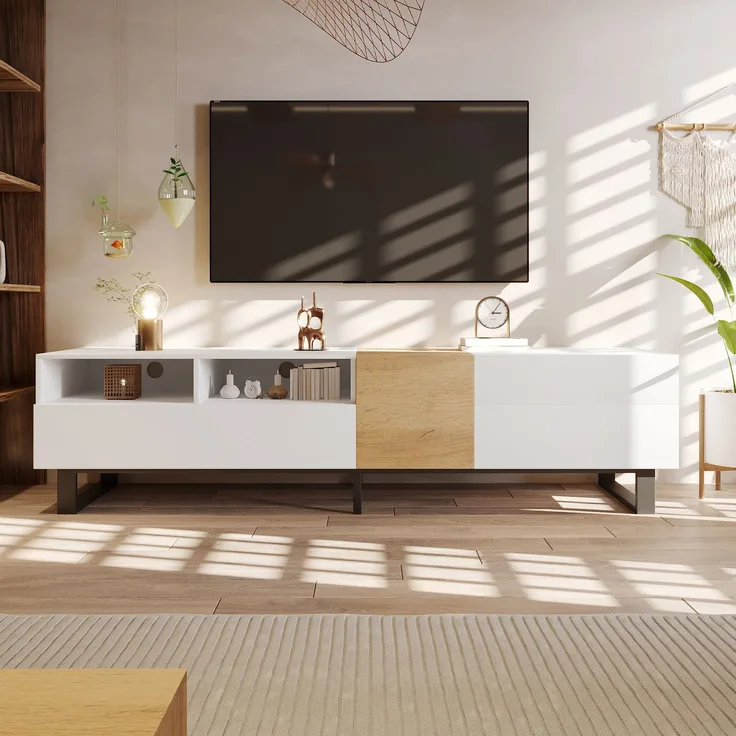 Merax 180cm Moderner TV-Schrank, Weiß- und Holzoptik